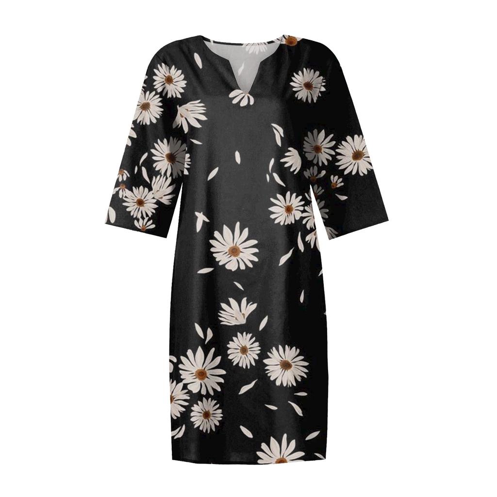 Women's Summer Vintage Print V-neck Half-sleeve Dress Light Breathable Dress