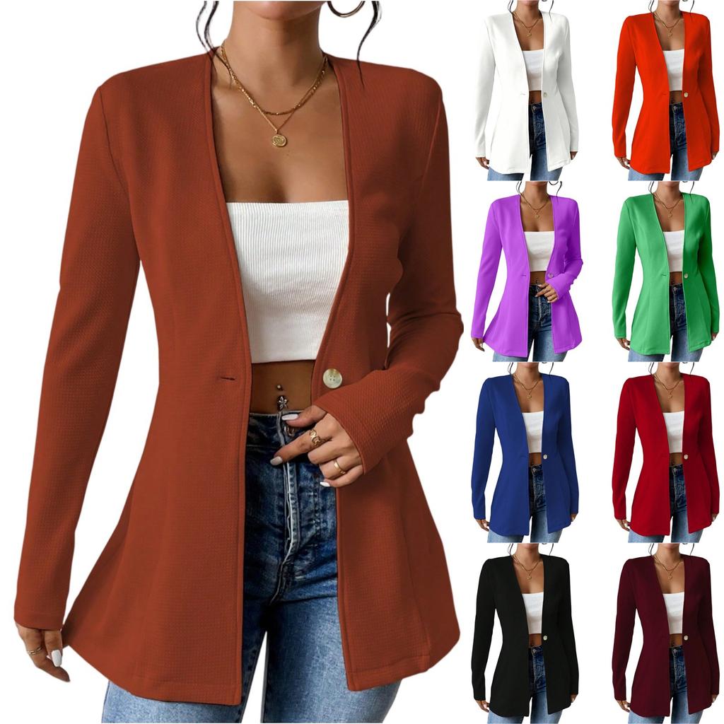 Женский модный повседневный пиджак с V-образным вырезом на одной пуговице однотонный с длинным рукавом