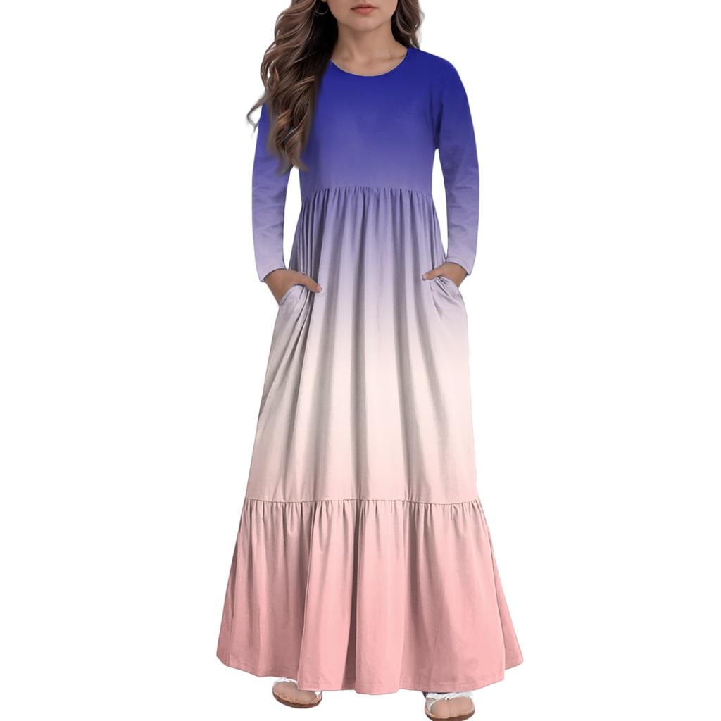Girls' Maxi Dress Casual Holiday Dresses - Long Sleeve Dress With Pockets For 4-14Y