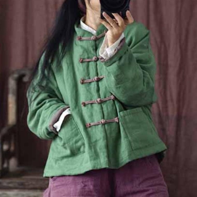 Johnature Женские винтажные льняные парки на пуговицах, однотонные пальто, зимние пальто со стойкой и хлопковыми карманами, женские китайские парки