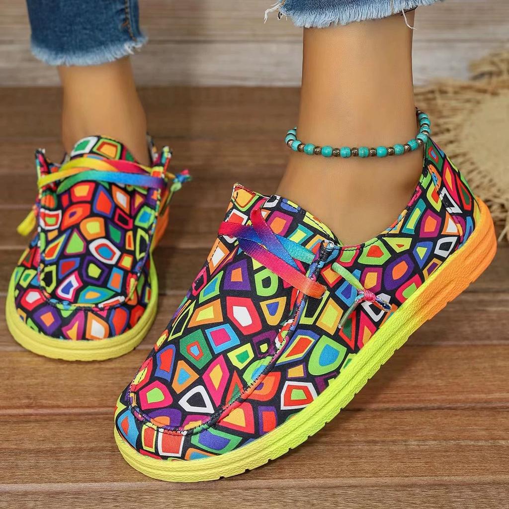 2025 Large Lace Up Colored Low Top Single Shoe Women's Ethnic Style Graffiti Lazy Canvas Flat Bottom Single Shoe