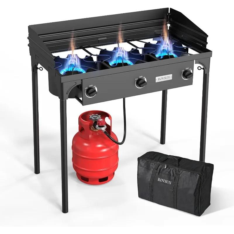 ROVSUN 3 Burner Propane Gas Stove, 225,000 BTU High Pressure Outdoor Camping Burner, CSA Listed Regulator, Picnic Cooker Perfect