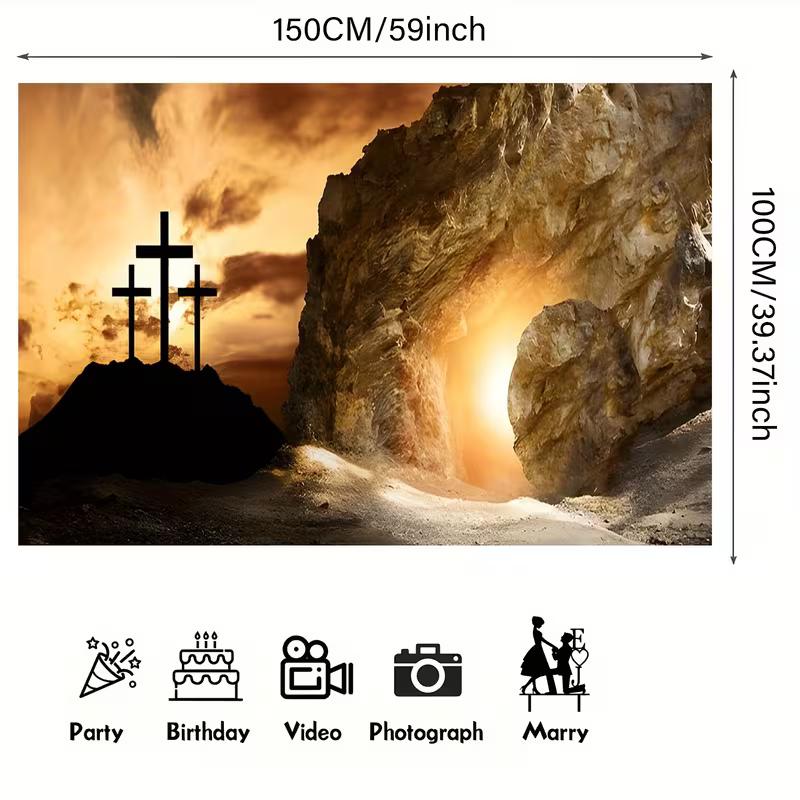 2D Resurrection Sunday Background, Calvary Cross & Sunrise Tomb Backdrop for Religious Events
