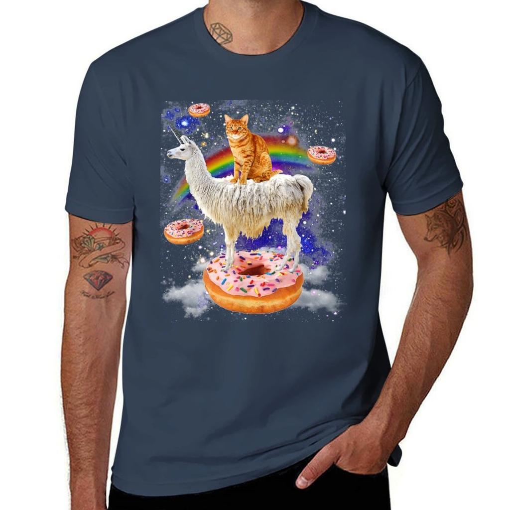 Space Cat Riding Llama And Donuts Galaxy Funny Cat Tshirt Fashion Graphic Tee For Unisex