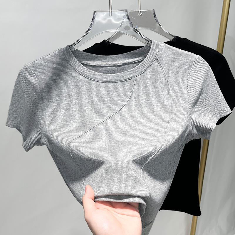 Short-sleeved T-shirt Women's New Women's Front Shoulder Round Neck Thread Base Shirt Design Fish Bone Waist Top