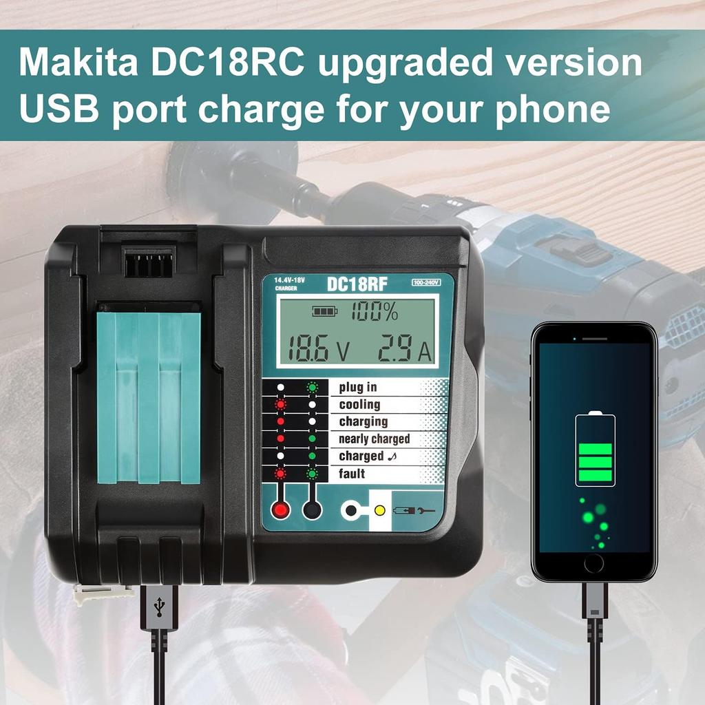 DC18RF Li-ion Супербыстрое зарядное устройство для литиевых аккумуляторов Makita 14.4V-18V BL1860B,BL1830,,BL1415,BL1440 со светодиодным экраном, USB-портом