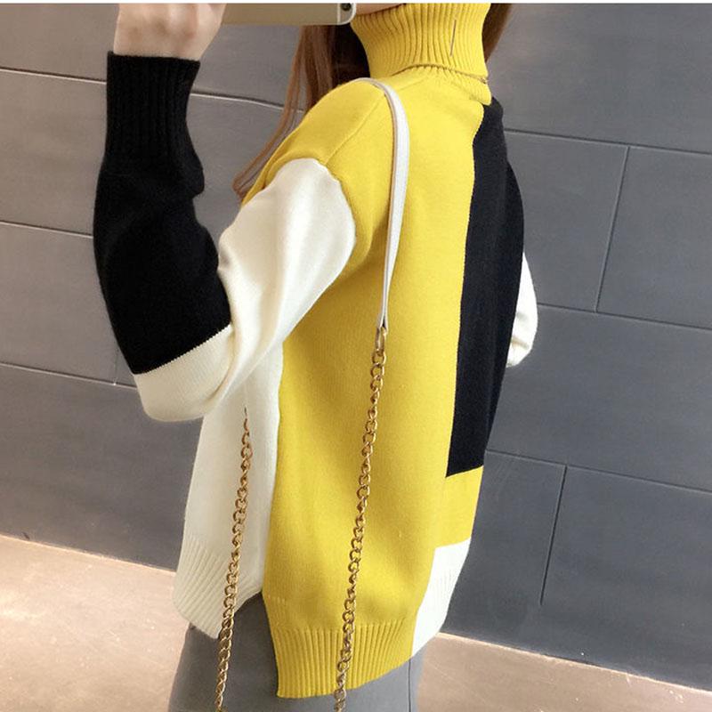 Женский вязаный пуловер, свитер, осень-зима, теплая водолазка, вязаная одежда, пуловер с цветными блоками, свободный повседневный пригородный пуловер