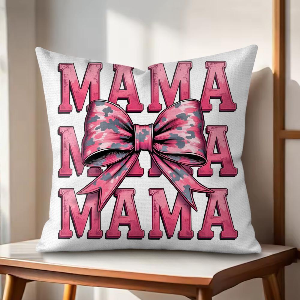 Leopard print with bow mama Cushion Cover Natural Linen Organic Fabric DoubleSided Printing Couch Pillow Covers Home Decor