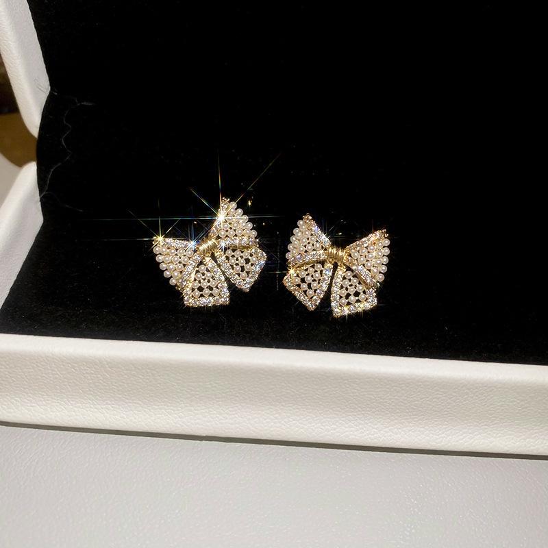 Zircon Bow Artificial Pearl Stud Earrings Exquisite Fashion Earrings Light Luxury Premium Versatile Earrings