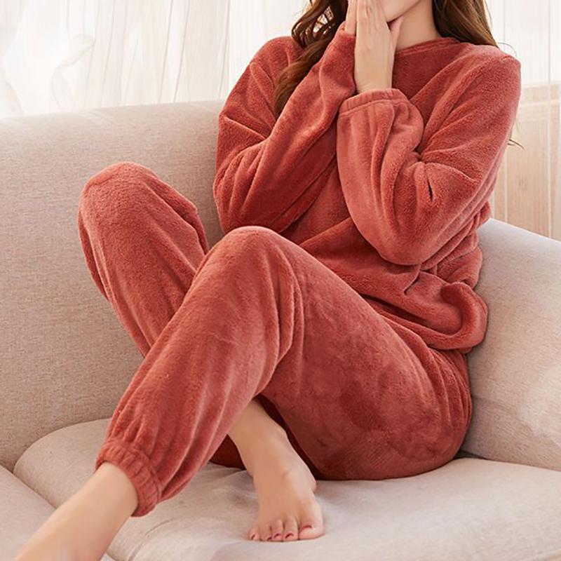 Women Velvet Pajama Set Loose Top And Elastic Waist Pants Home Casual Warm Woolen Suit Women Fleece Sets Winter 2023