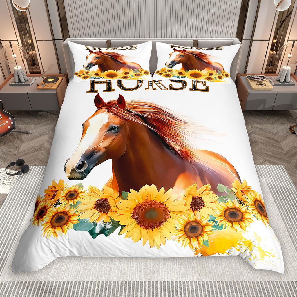 Homewish Galloping Horse Duvet Cover Set 2pcs/3pcs, Farmhouse Animal Bedding Set, Rustic Lodge Cabin Comforter Cover Set