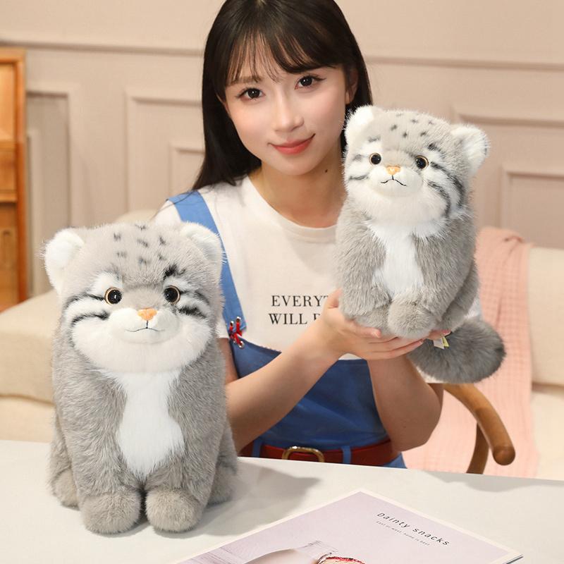 Grey Squatting Manul Doll Plush Toy Stuffed Wild Animal Stripe Spotted Fluffy Plushie Appeasing Companion Gift