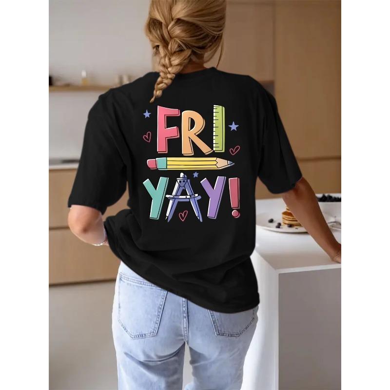 Женская повседневная розовая футболка с надписью "FRIYAY!"""Дизайн с цветными карандашами - Короткий рукав, Круглый вырез, Легкая смесовая хлопковая ткань, Идеально для повседневной одежды"""