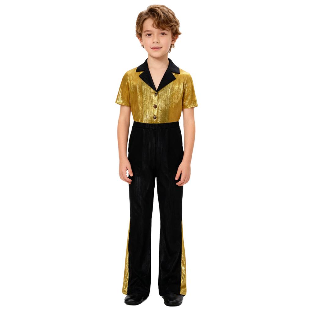 Костюм для ретро-диско-вечеринки для мальчиков, стиль 70-х, рубашка с цветовыми блоками, расклешенные брюки, костюм для выступлений и танцев