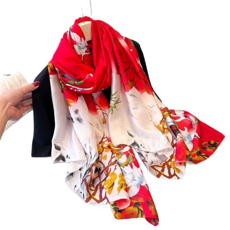 New Printing Simulation Silk Brocade Sunscreen Contrasting Color Flower Silk Scarf Long Scarf Shawl Versatile Headscarf Scarf