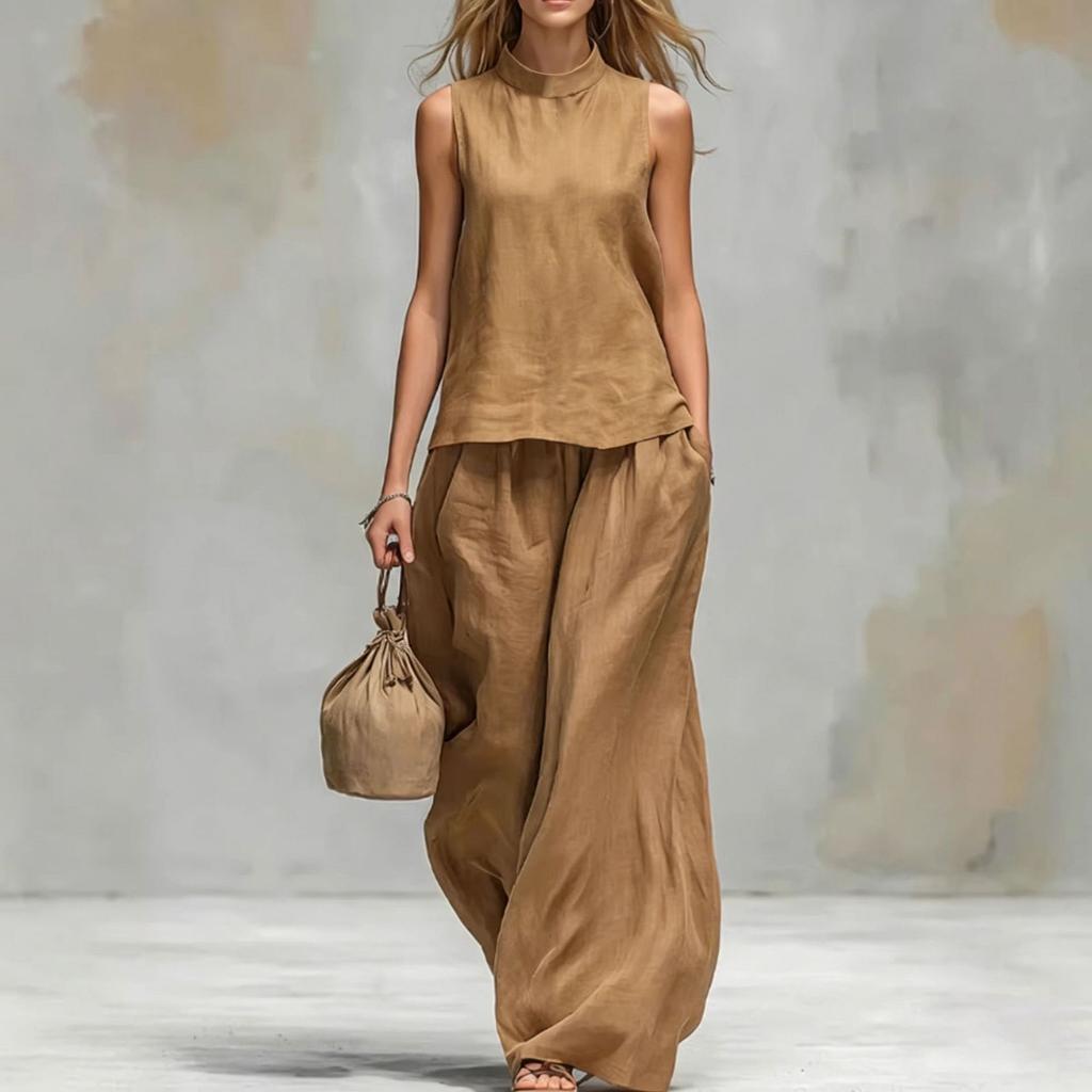Cross-border 2026 Amazon Independent Station European and American women's stand-up collar cotton and linen solid color sleeveless top and pants