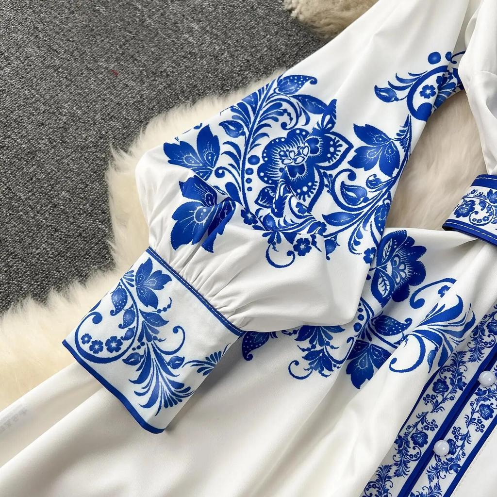 New Fashion Runway Red And White Porcelain Dress Women's Stand Long Lantern Sleeve Blue Floral Print Shirt Robe Dresses