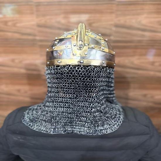 Medieval Viking Helmet Norse Warrior Armor Helmet with Chainmail  18 Gauge Steel  Brass, Polished Finish