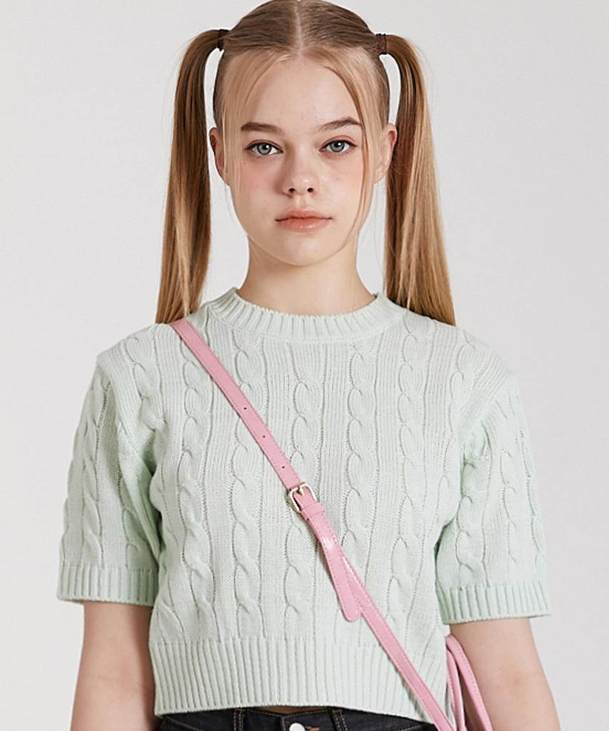 PINK PINEAPPLE Cable Cropped Sweater_Mint