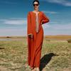 Women's Clothing Orange Handmade Rhinestone Webbing Dubai Loose Muslim Dress