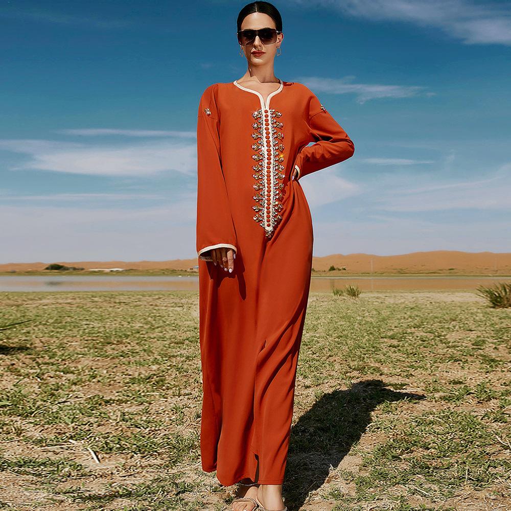Women's Clothing Orange Handmade Rhinestone Webbing Dubai Loose Muslim Dress