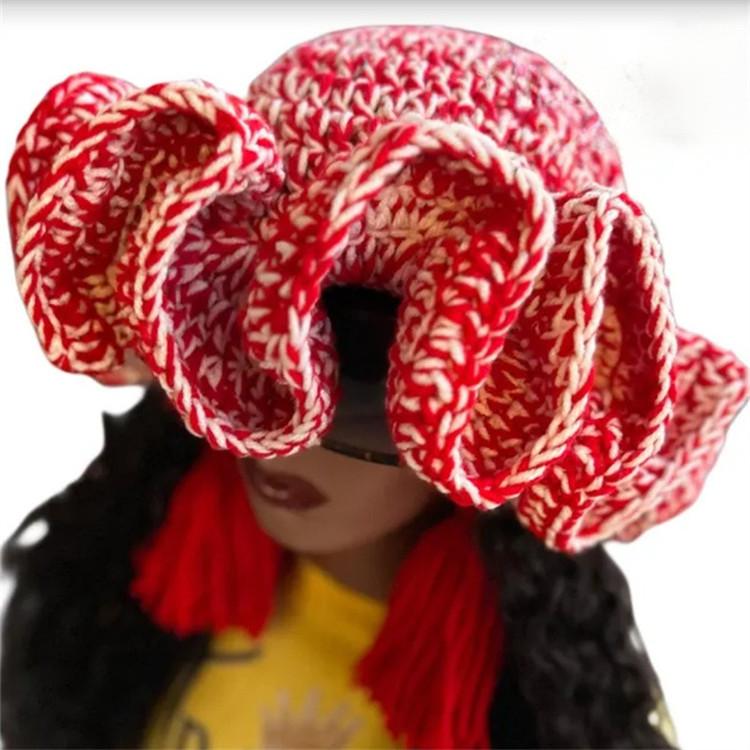 Handmade Crochet Bucket Hat for Woman Teen Outdoor Fisherman Hat Ruffled Brim Winter Windproof Carnivals Hat