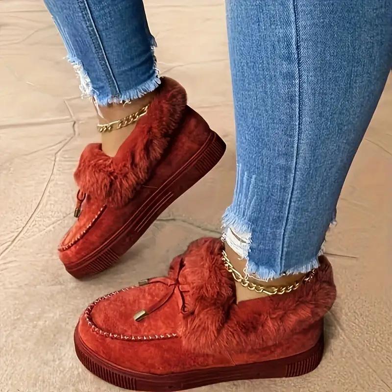 Women Boots Winter Solid Color Furry Cotton Shoes for Women Plush Warm Snow Boots Ladies Comfortable Casual Flat Ankle Boots
