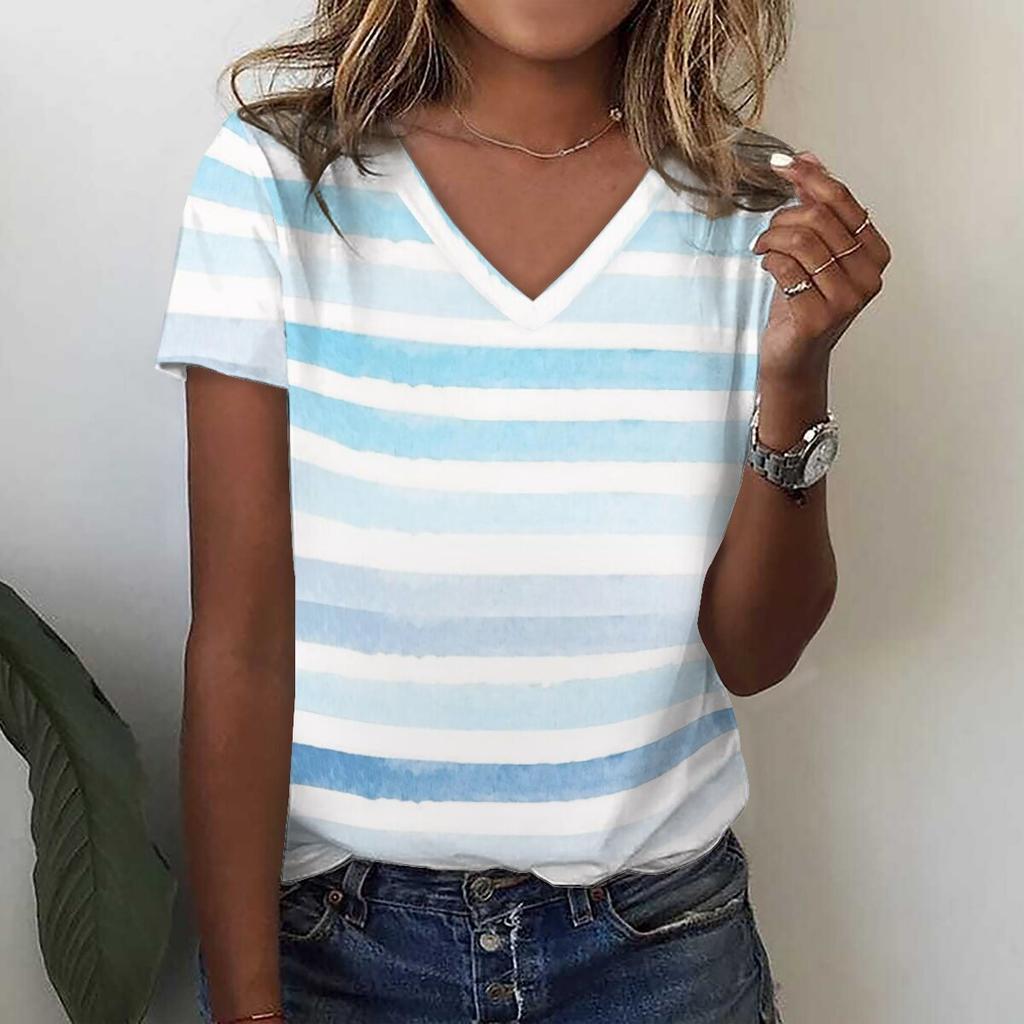 Striped 3D Printed T-shirt for Summer Women's V-neck Holiday Casual Top