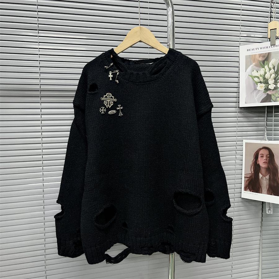 Осенне-зимний женский свитер, дизайн Sense of Niche, шикарный пуловер, свитер с рваными отверстиями, украшение на булавке, ленивый ветер, трикотаж