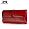 HH Women Long Wallet Genuine Leather Wallets Red Aligator Pattern Cowhide Purse Three Fold Large Capacity Clutch Wallet Luxury