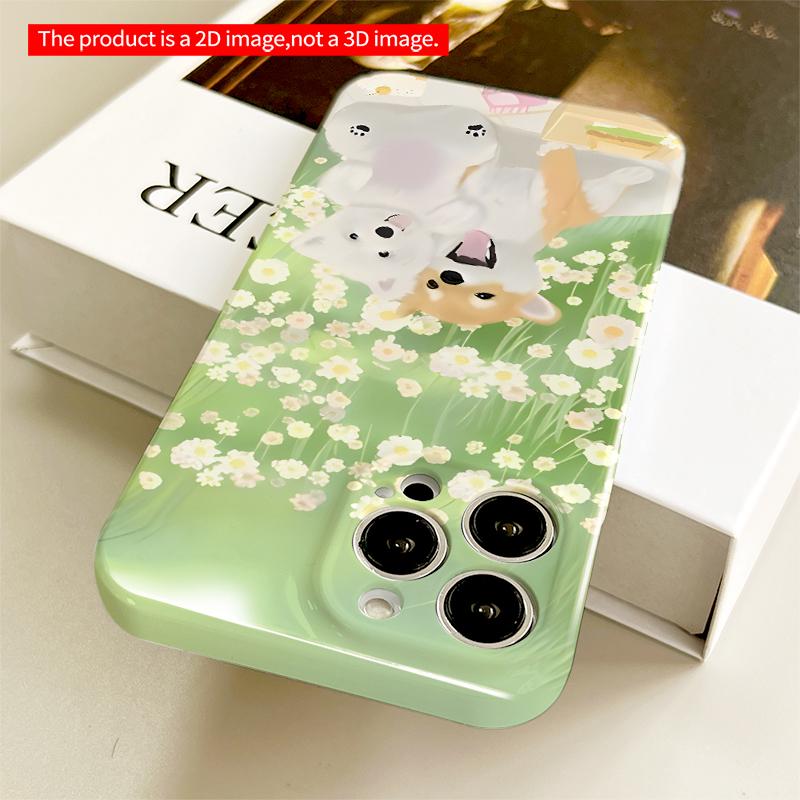 2DFlat Charming Puppies in Flower Field Phone Case All inclusive film hard iPhone case, compatible with iPhone 18 Pro Max 17 16 15 14 13 12 11