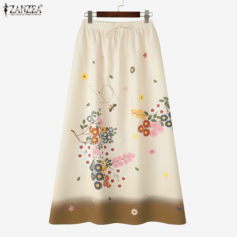 ZANZEA Women Casual Elastic Waist Loose Print Long Skirts