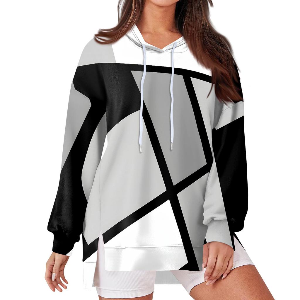 Women's Fashionable Casual Hoodie Long Sleeved Drawstring Pullover Geometric Splicing Printed  Loose Slit Sweatshirt