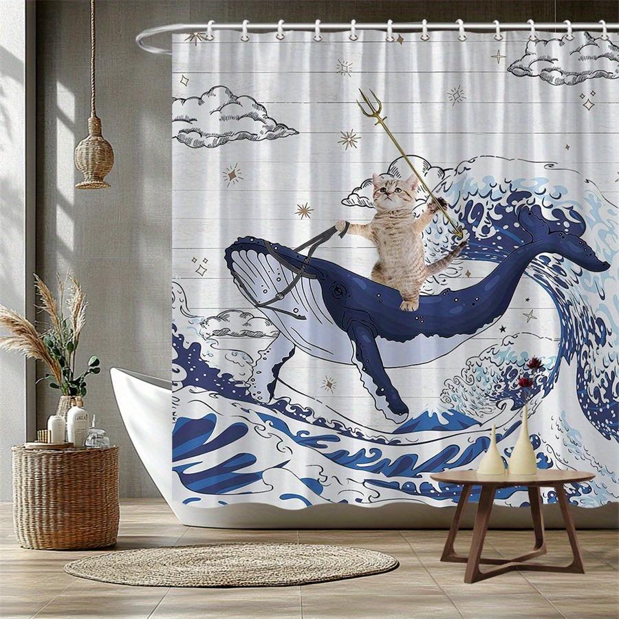 Whimsical Sea Creature Ocean Wave Shower Curtain Bathroom Decor Nautical Animal Print Waterproof Curtain