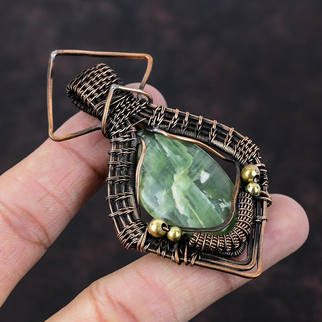Подвеска из пренита, подвеска из медной проволоки, подвеска ручной работы, ювелирные изделия из натурального драгоценного камня, этнический стиль, подвеска из медной проволоки, подарок для него