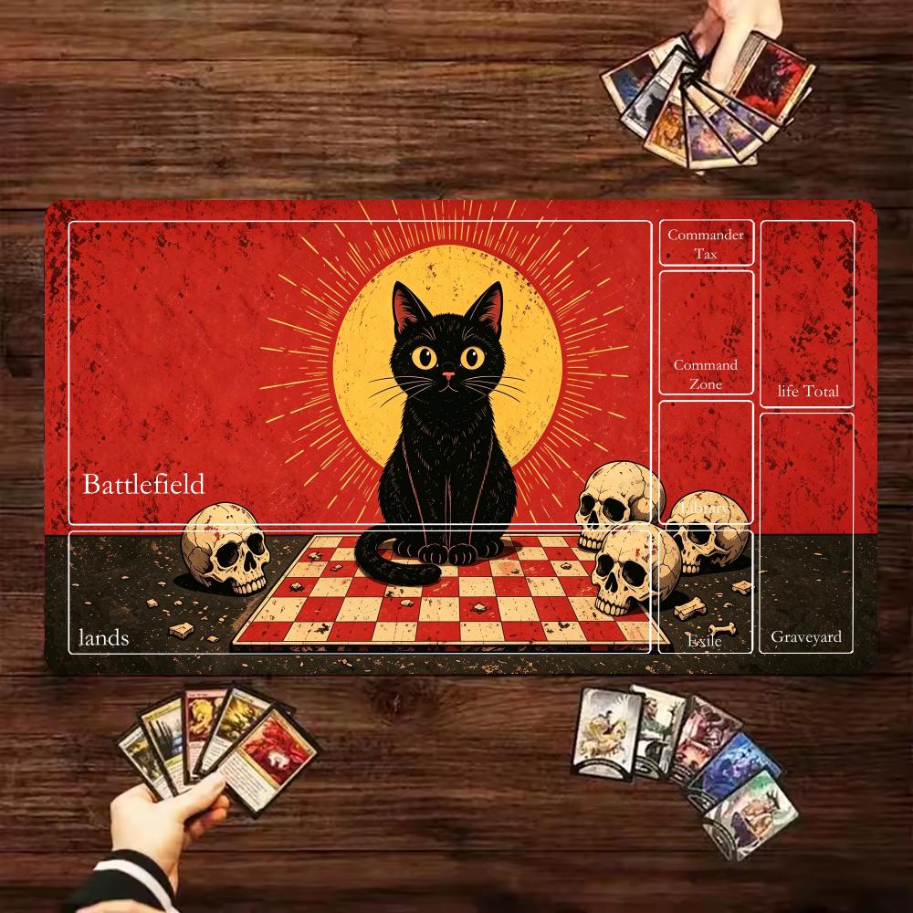 Black Cat Skull Vintage Red Sun MTG Playmat with Game Zones Non Slip Rubber TCG Card Game Play Mat Magic The Gathering Desk Mat