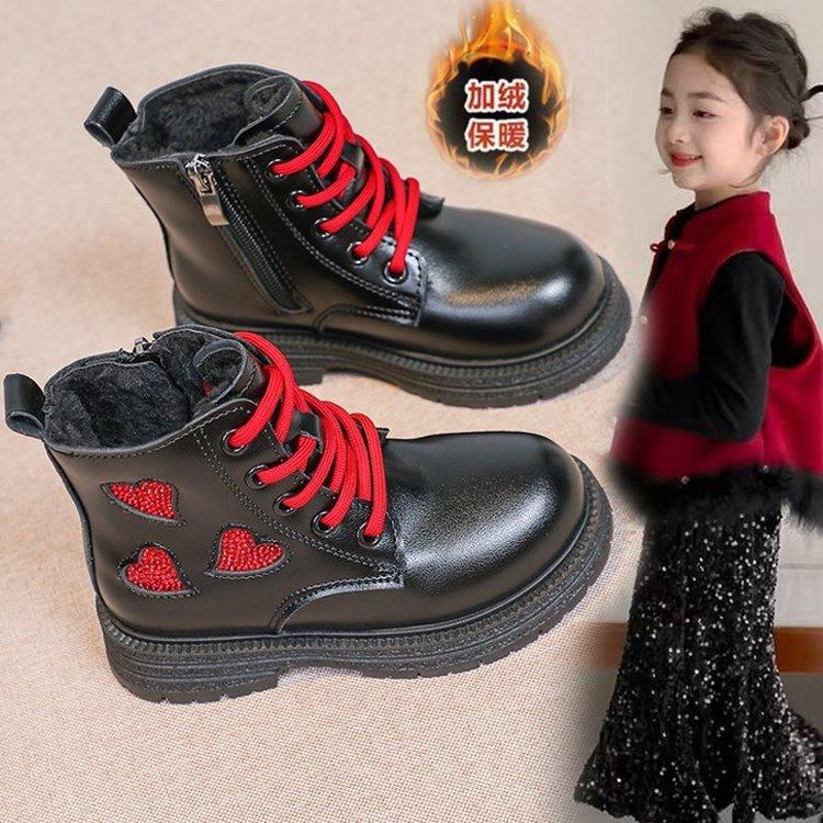 Девочки ботинки Мартин 2025 осень и зима новые британский стиль детские короткие ботинки любовь принцесса кожаные ботинки девочки бархатные хлопковые ботинки