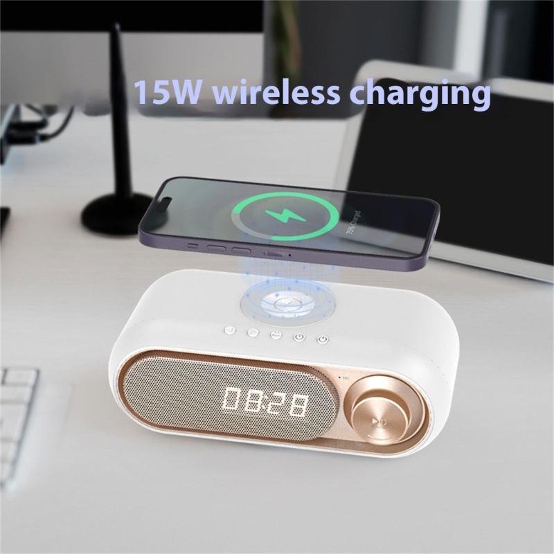 Портативная Bluetooth-совместимая колонка со светодиодным дисплеем времени, 15 Вт, беспроводная зарядка, многофункциональные цифровые часы