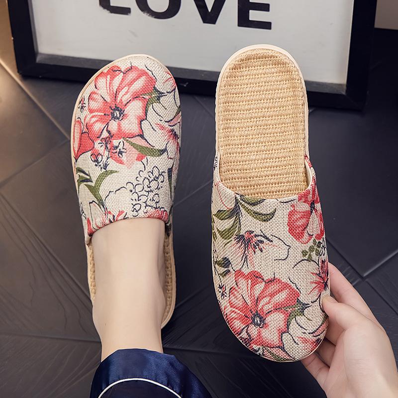 Удобный для использования в помещении, дышащий лен, всесезонная домашняя ткань, классные тапочки для мужчин и женщин, напольное покрытие для пар, мягкая подошва, для домашнего использования