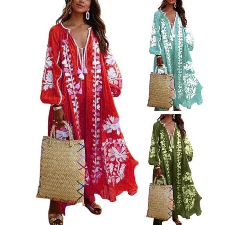 Богемное летнее женское платье макси с цветочным принтом, глубоким V-образным вырезом, длинными рукавами, завышенной талией, расклешенным подолом, кисточками, для ретро-пляжного отдыха