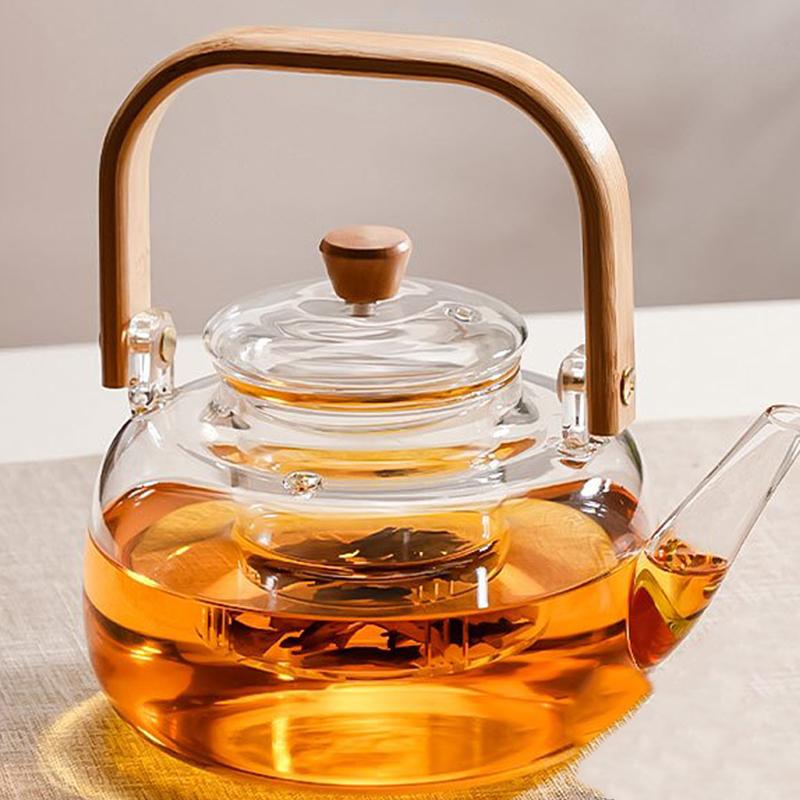 Heat-Resistant Boiling Glass Teapot Thickened Bamboo Handle Household Tea Set Bamboo Handle Teapot Health Pot