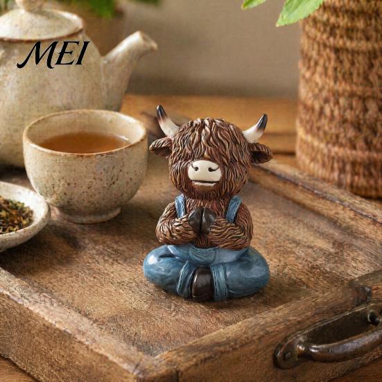 Farmhouse Style Figurines Yoga Highland Cow Resin Figurine, Overalls Statues, Waterproof Healing Atmosphere Decor Garden Ornament for Indoor