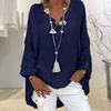 Women Shirt V-Neck Long Sleeve Mid-length Casual Tops Solid Color Loose Fit Cotton