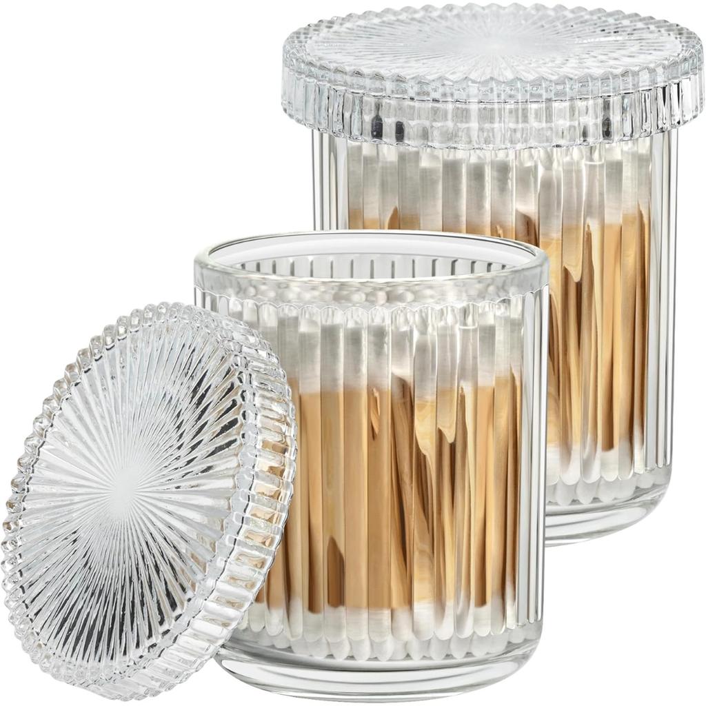 1Pack Glass Qtip Holder Dispenser Set Bathroom Organizer for Cotton Swabs Pads Clear Jars Makeup Storage Bathroom Accessories