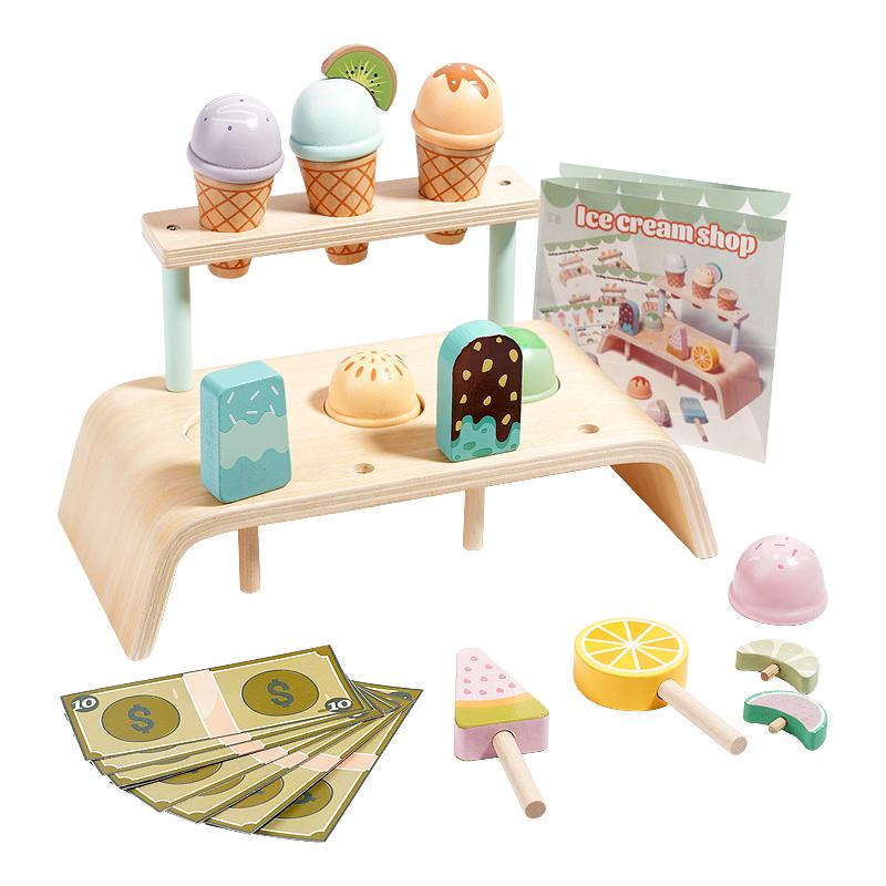 Wooden I Cream Counter Playset for Toddler Toys, Montessori Pretend Play Food Toys Kitchen Acssories
