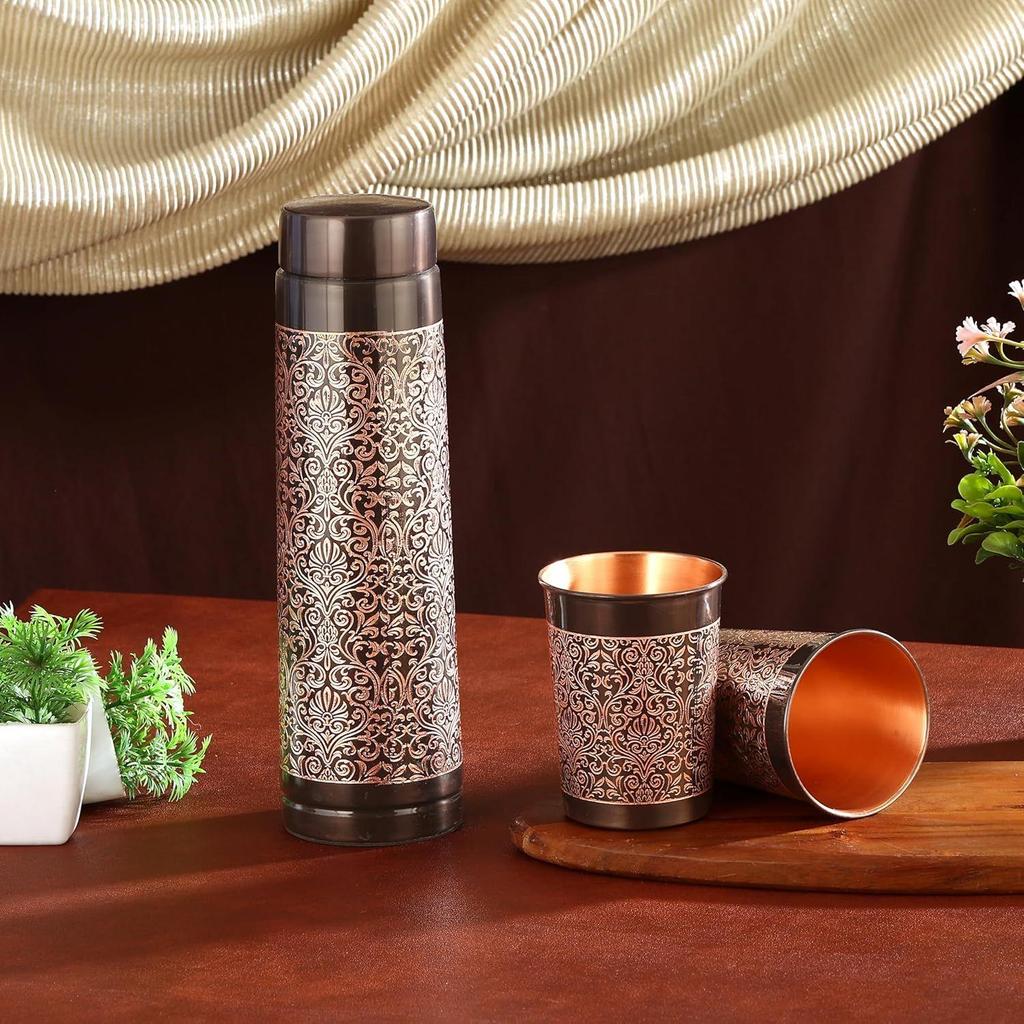 Бутылка из чистой меди с подарочным набором из 2 стеклянных бутылок (Античная Чешущаяся Башня)