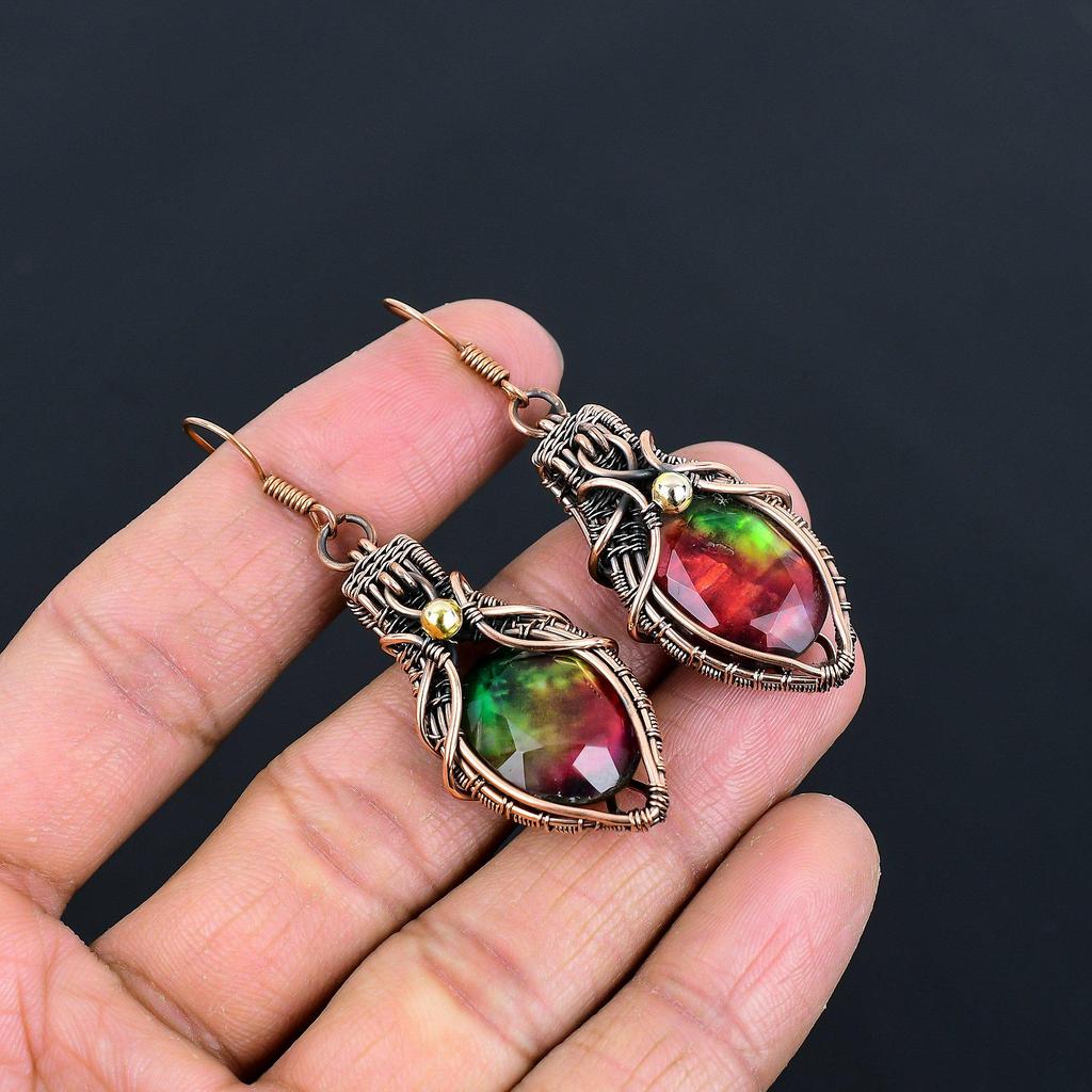 Серьги с аммолитом, Ювелирные изделия из драгоценных камней, Серьги ручной работы, обернутые медной проволокой 999 пробы, Ювелирные изделия новейшего дизайна