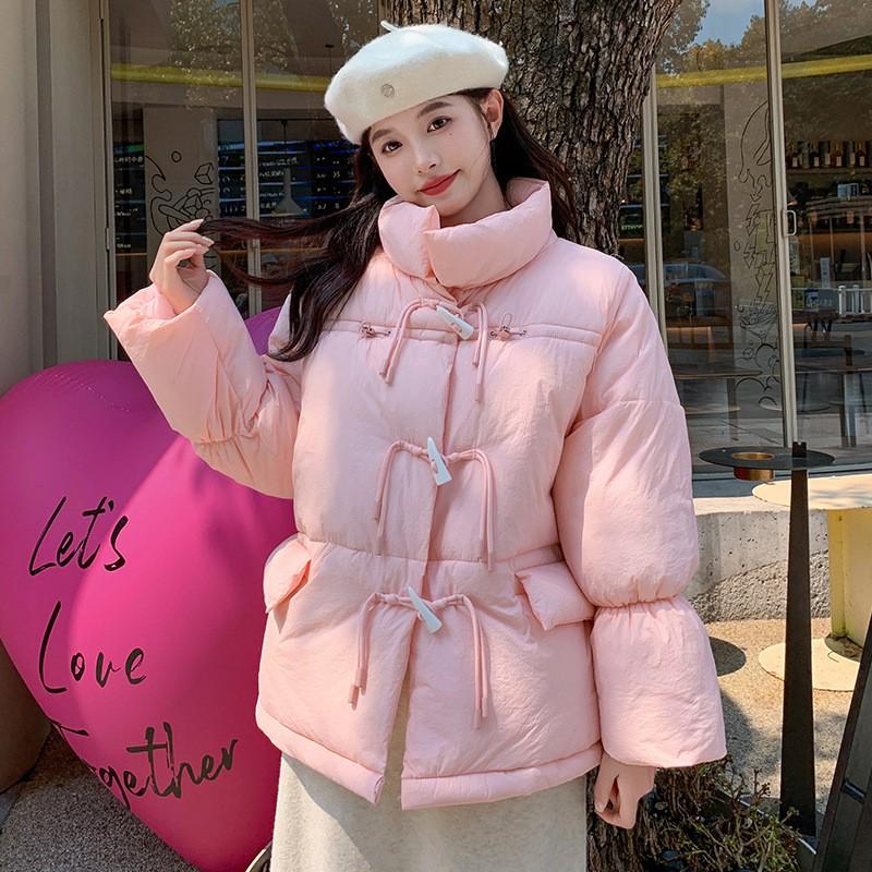 Womens Puffer Cotton Coat Oversized Horn Button Winter Warm Jacket Short Length Stand Collar Solid Color S-XL