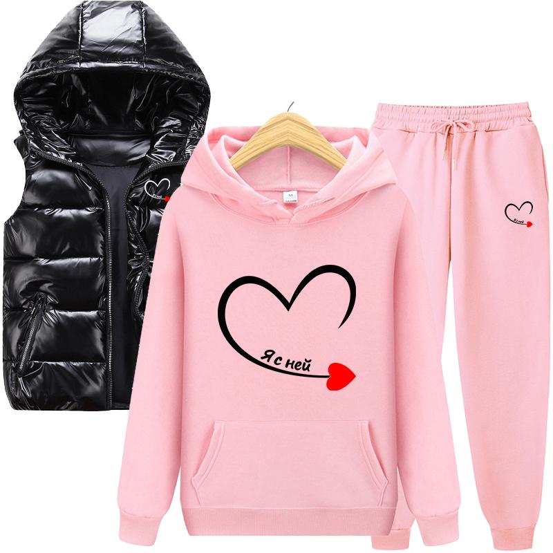 Горячая весна и осень, однотонная толстовка с принтом, комплект из 3 предметов: толстовка для пары + жилет + брюки, спортивная одежда