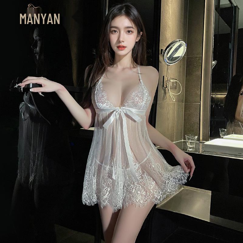 Manyan Sexy Lace Mesh Babydoll Nightgown Set, Style 1912
